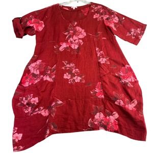 Vasna Italy 100% Linen Floral Tunic Dress Red Pink XL Lagenlook Shabby Oversized